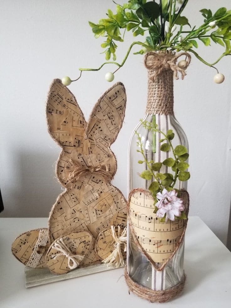 20 Beautiful Music Sheet Crafts to Add Harmony to Your Home Rustic Music Sheet Bunny and Bottle Decor
