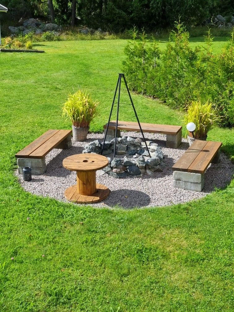 Rustic Rock Fire Pit with Bench Seating