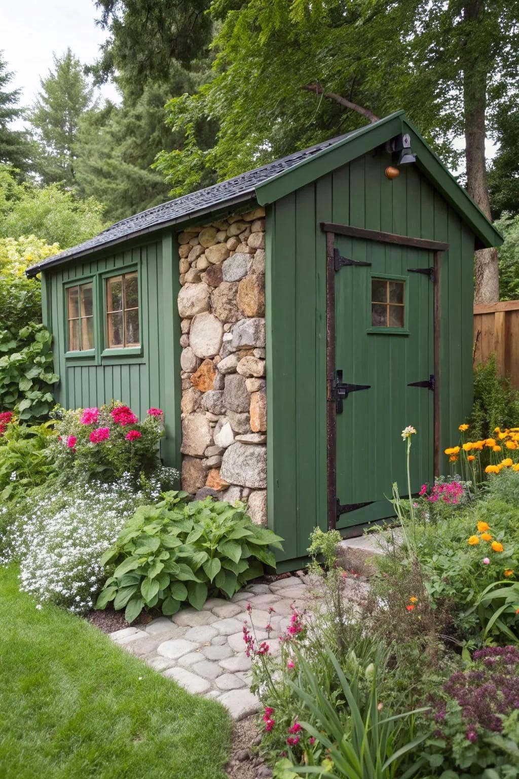 25 Stunning Garden Shed Ideas to Elevate Your Backyard Space Rustic Stone-Accented Garden Shed