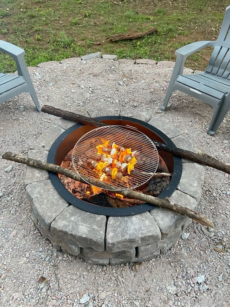 Stone Fire Pit with Grill Grate for Outdoor Cooking