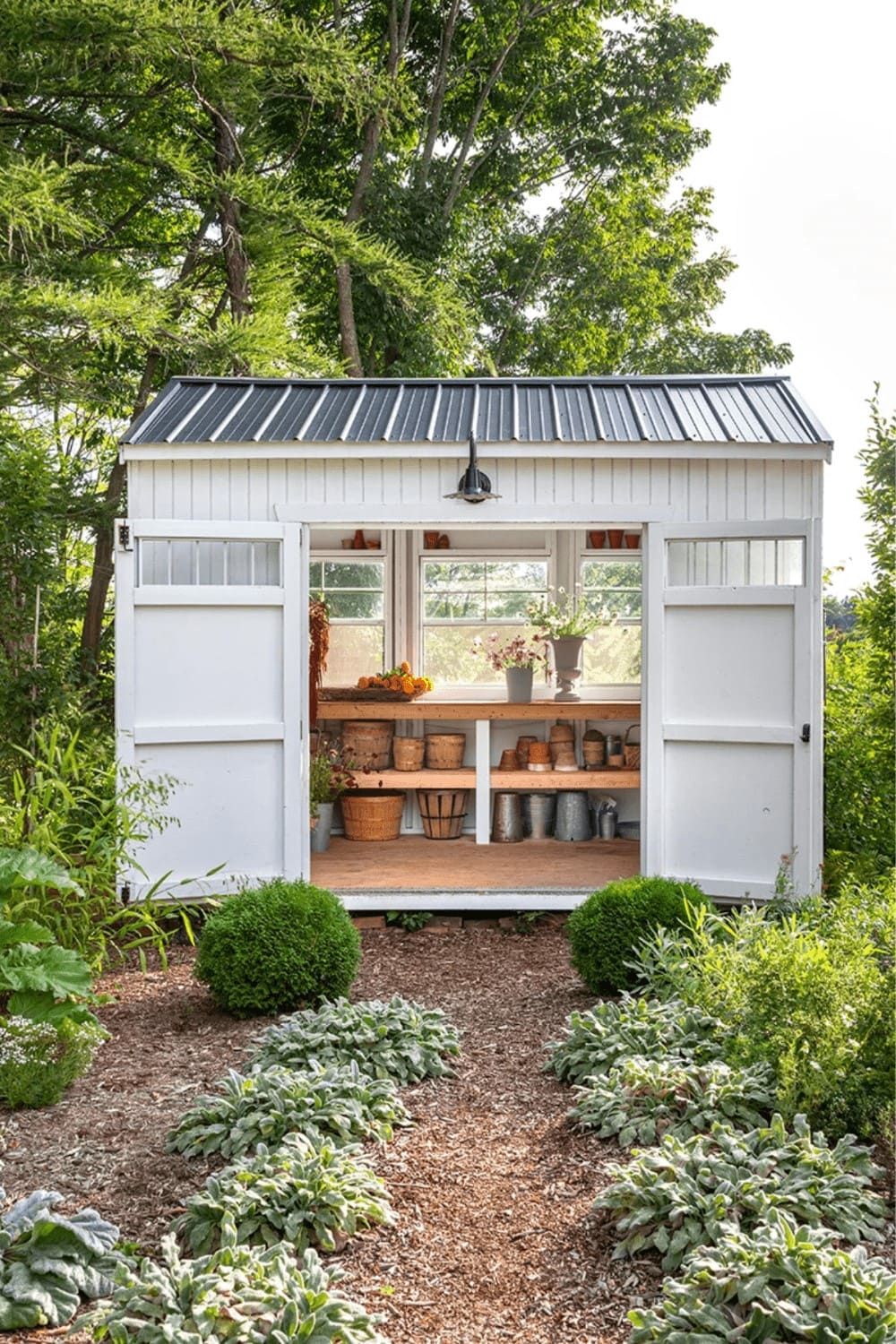 25 Stunning Garden Shed Ideas to Elevate Your Backyard Space Stylish White Garden Shed with Vintage Charm