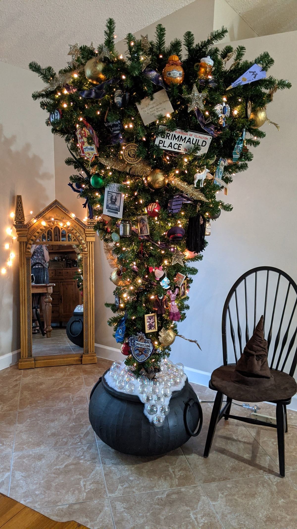 20 Magical Harry Potter Christmas Decor Ideas to Enchant Your Home Upside-Down Cauldron Christmas Tree