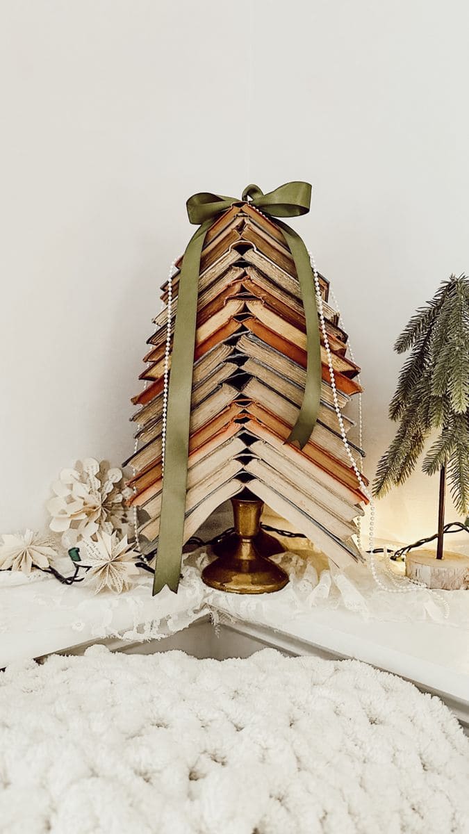 Vintage Book Tree with Green Ribbon