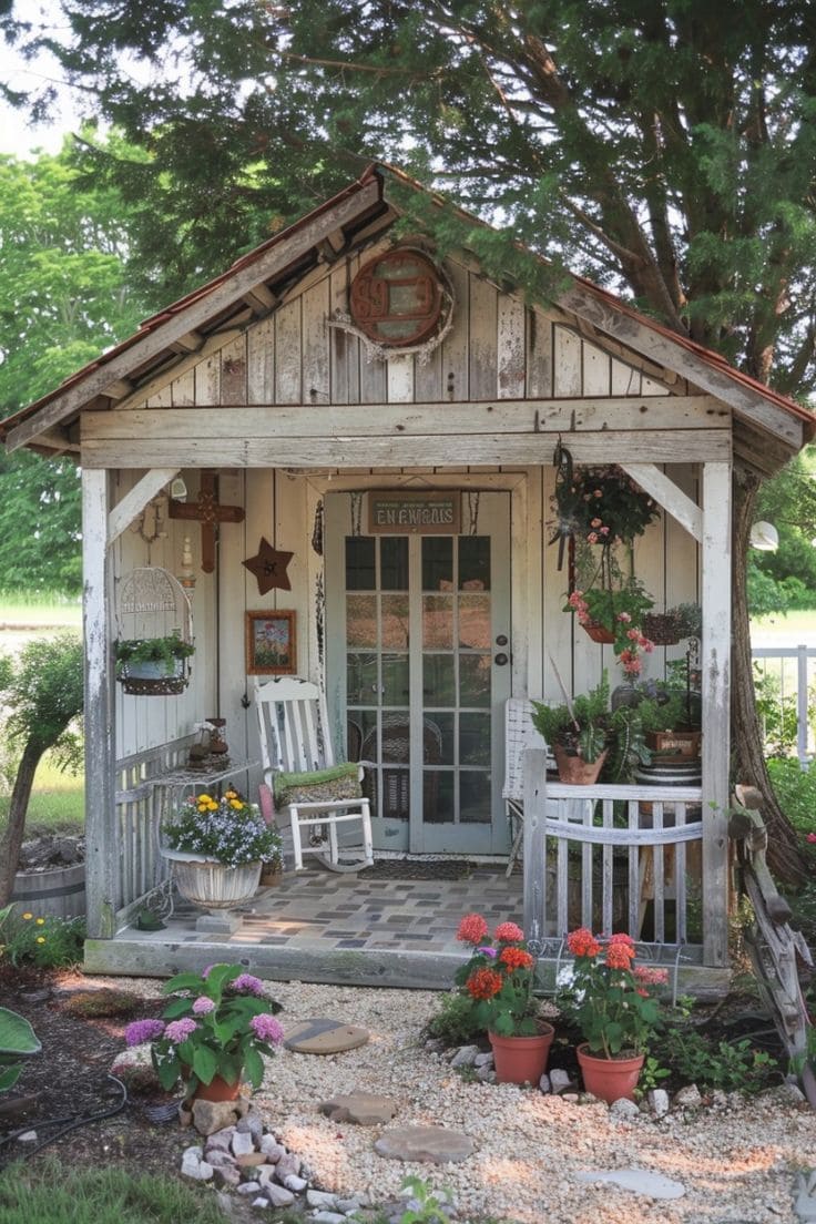 25 Stunning Garden Shed Ideas to Elevate Your Backyard Space Vintage-Inspired Garden Shed with Porch
