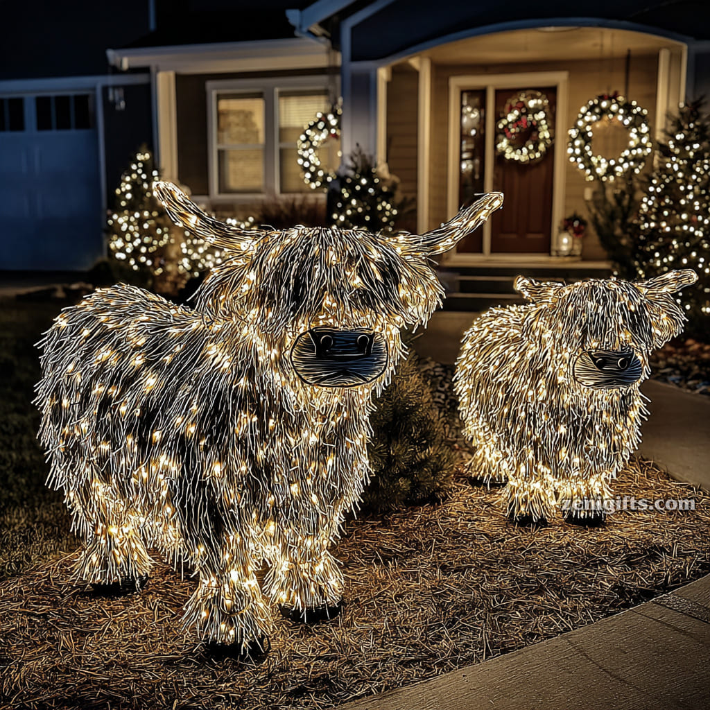 20+ Christmas Driveway Ideas for a Magical Holiday Arrival Glowing Highland Cow Duo