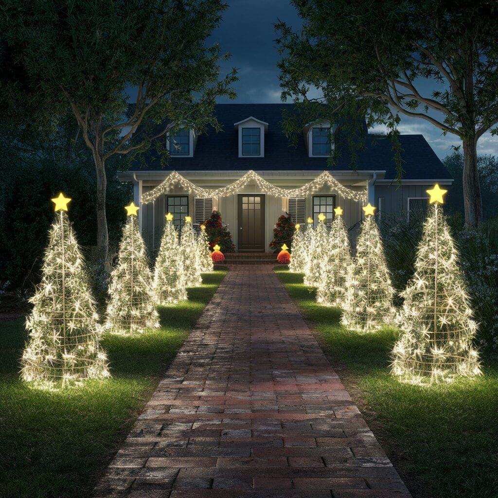 20+ Christmas Driveway Ideas for a Magical Holiday Arrival Twinkling Tomato Cage Tree Pathway