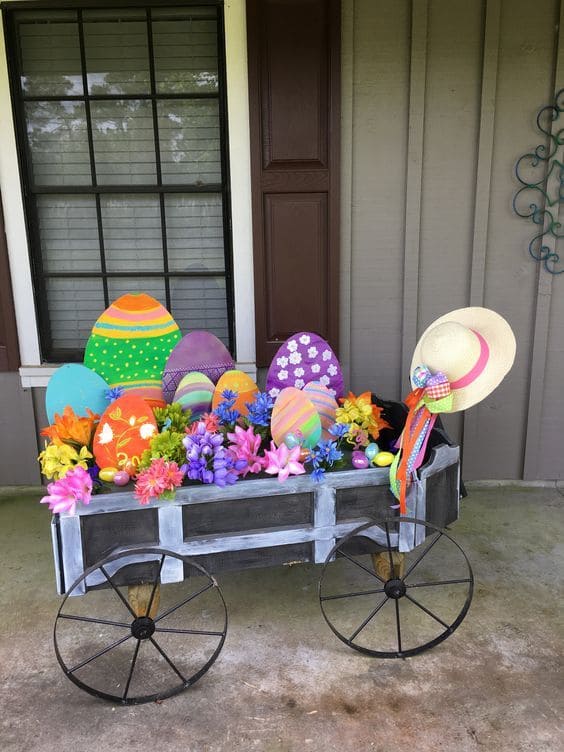 20 Easter Yard Decor Ideas to Create a Memorable Celebration Colorful Easter Egg Wagon Display