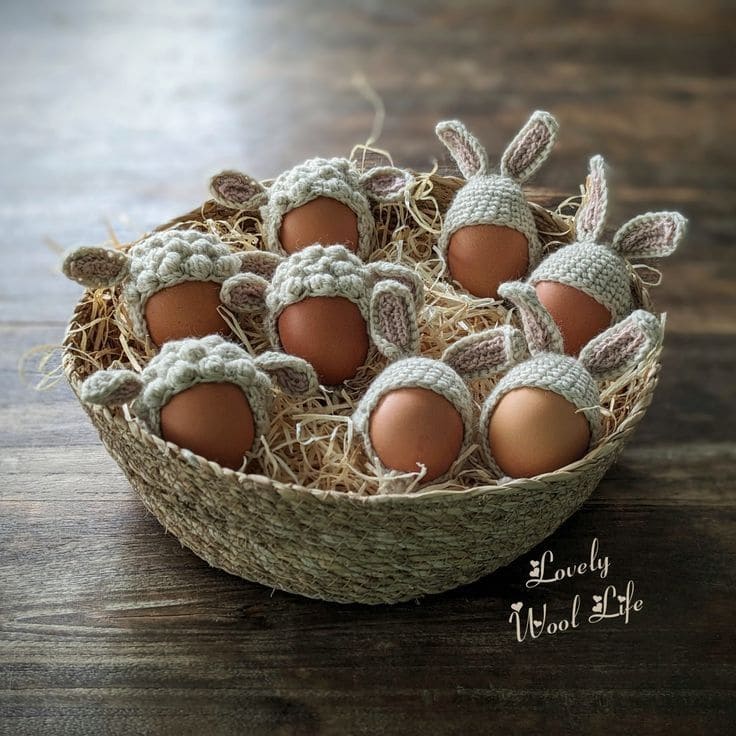 20 Easter Egg Decorating Ideas for a Joyful Easter Celebration Crocheted Bunny Egg Cozy Display