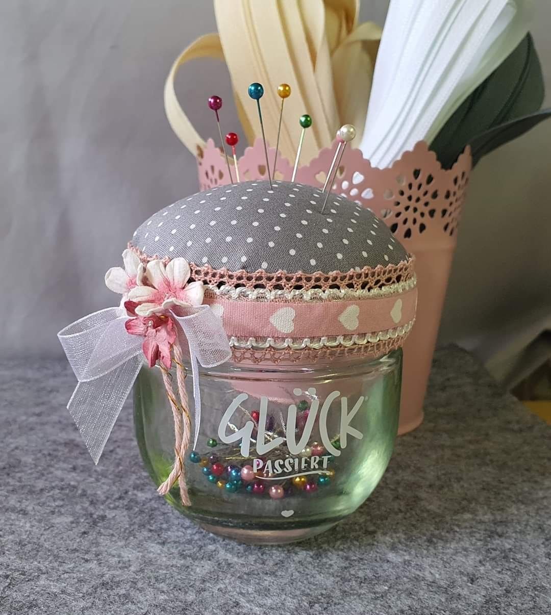 Decorated Jar Pin Cushion Organizer